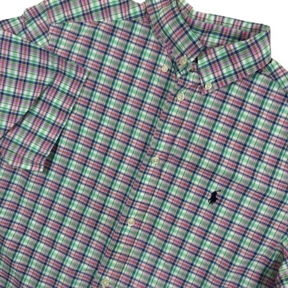 Ralph Lauren Button Down Shirt Kids XL‎ 18-20 Pink Green Plaid Short Sleeve Pony